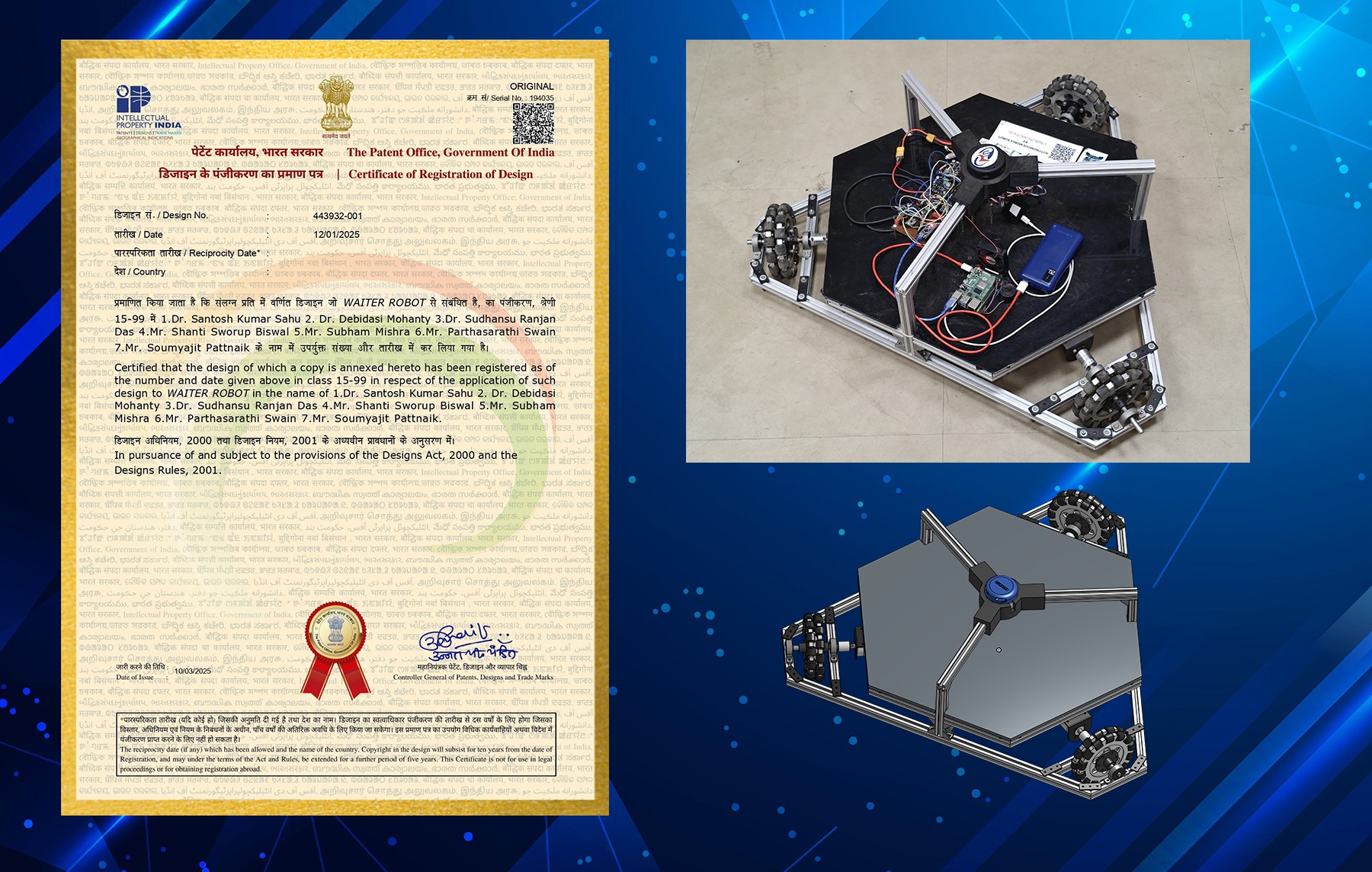 Design Patent for Smart Waiter by Student Members of Robotics Society, VSSUT, Burla