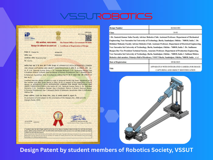Design patent by Student Members of Robotics Society, VSSUT